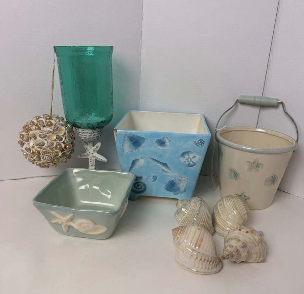 Coastal Beach Decor Set Ceramic Seashell And Teal Glass